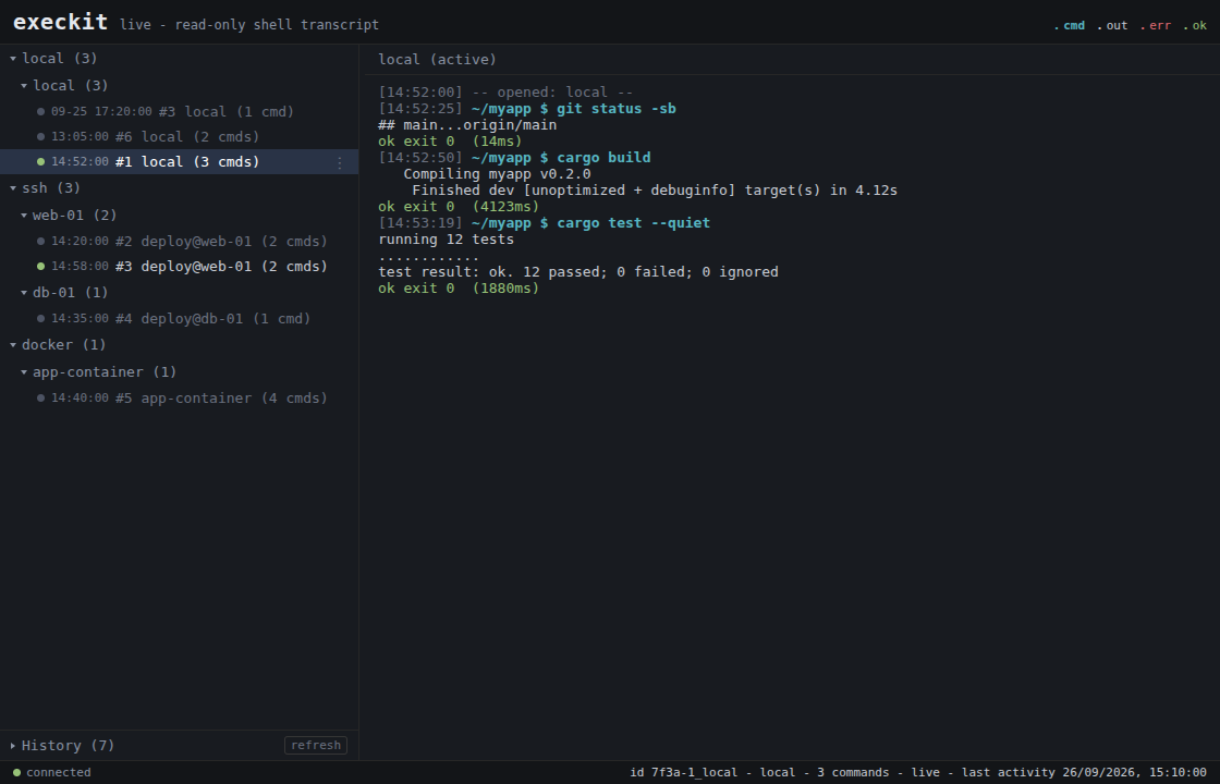 The browser viewer: sessions grouped by transport and host with start times on the left, a timestamped, colored shell transcript on the right, and a status bar with the selected session’s details