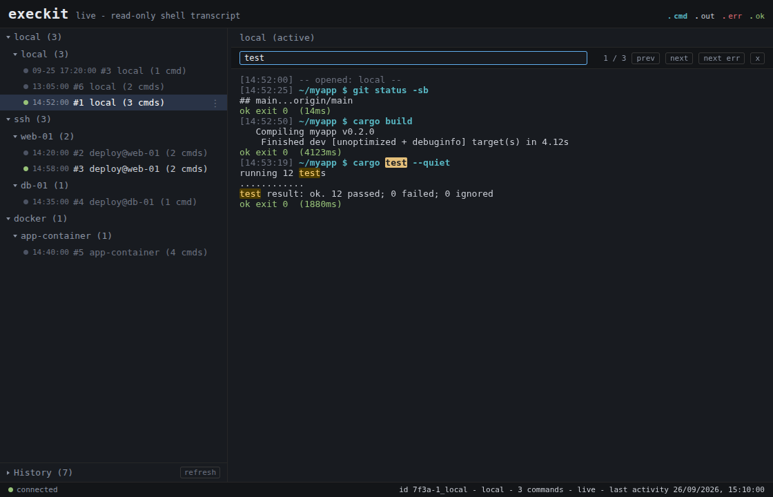 Transcript search: matches highlighted with a running count and prev / next / next err buttons